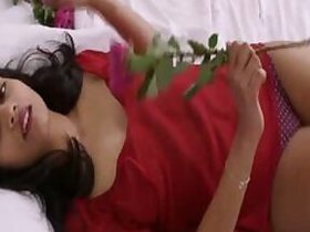Desi in a red T-shirt has XXX sex with her vibrator among the rose petals